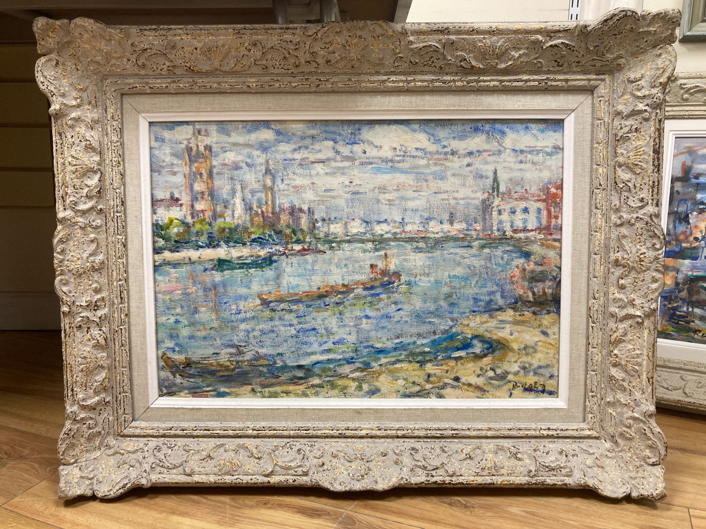 Frank Spencer Curtis Budgen (1882-1971), oil on board, Westminster, Summer, signed, 37 x 54cm.